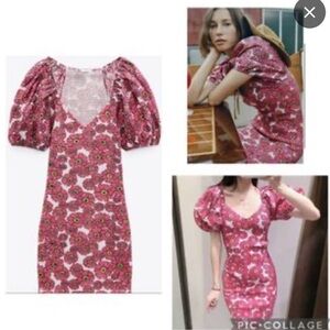 Zara Pink Floral Dress Pink Smocked Balloon Puff Sleeve Medium
